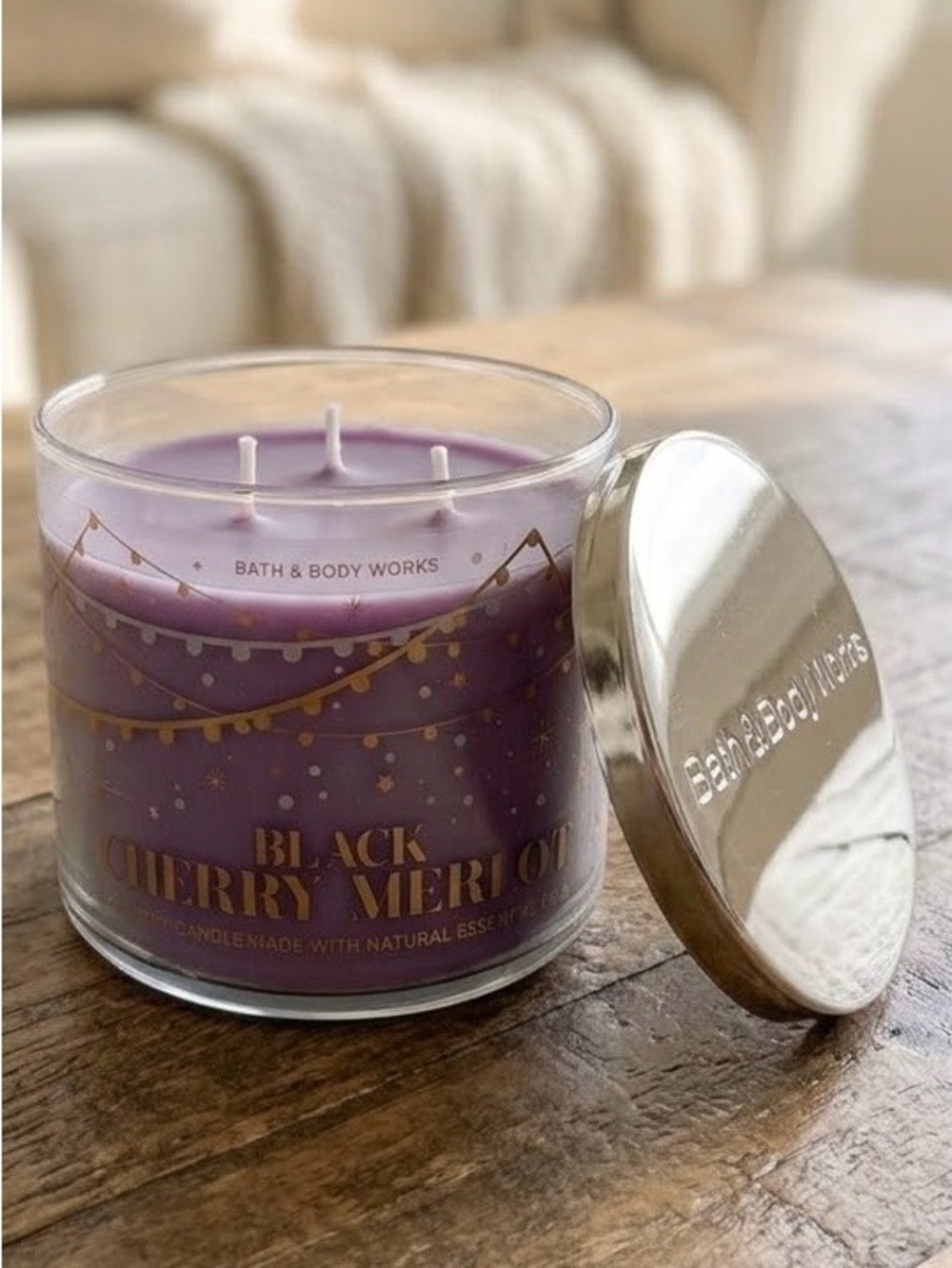 Bath & Body Works Black Cherry Merlot 3 Wick Candle 14.5 oz Purple Glass Jar EUC